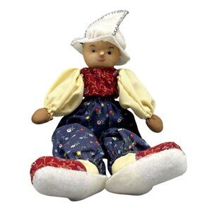 Handmade Fabric Rag Doll With Floral Patterned Clothes & White Felt Hat 12" READ